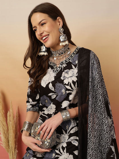 Dhiyona SN Women's Floral Printed Adda Work Cotton Kurta With Trouser & Dupatta