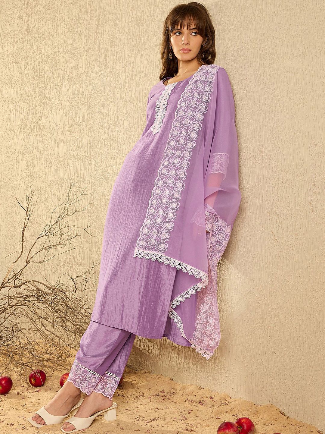 Floral Embroidered Straight Kurta With Trousers & Dupatta
