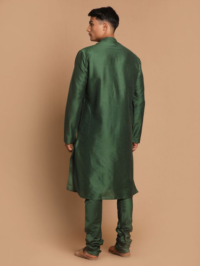 Men's Bottle Green Cotton Blend Straight Kurta Pyjama Set