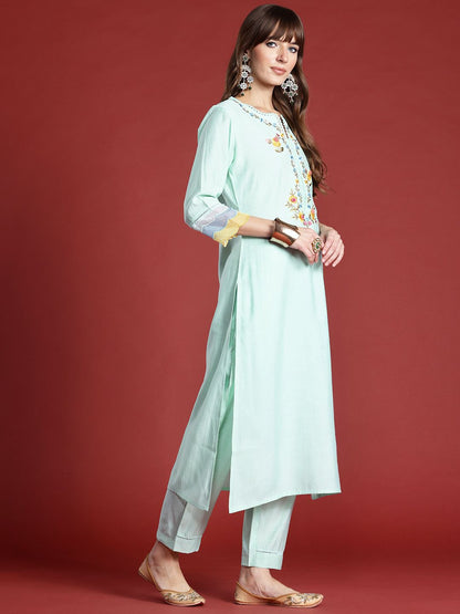 Dhiyona IE Floral Embroidered Thread Work Kurta with Trousers & With Dupatta