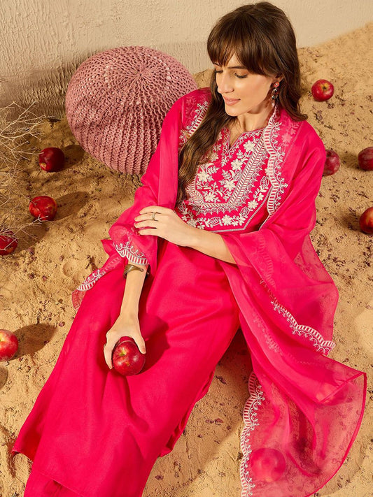Dhiyona IE Women Floral Embroidered Regular Thread Work Liva Kurta with Trousers & With Dupatta
