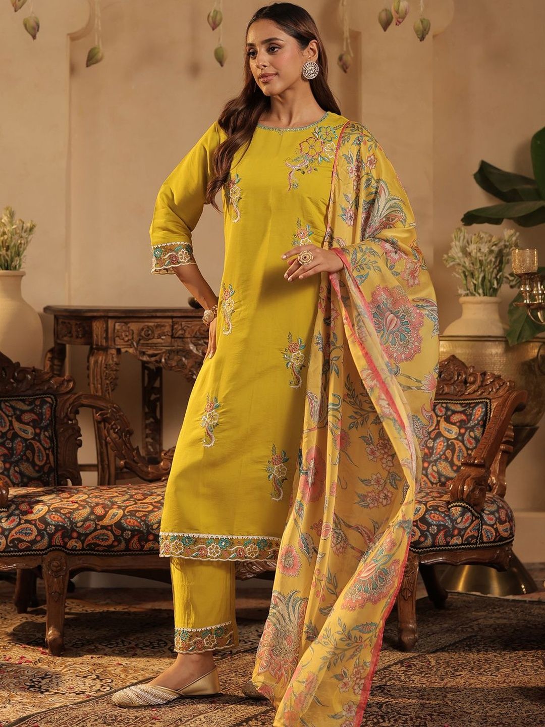 Floral Embroidered Straight Kurta With Trousers & Dupatta