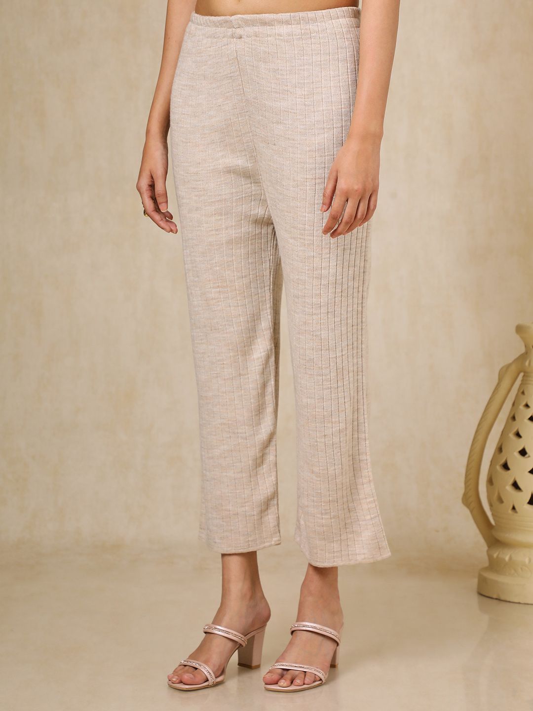 Dhiyona SO Women's Off White Floral Woven Design Mandarin Collar Acrylic Straight Kurta With Trouser