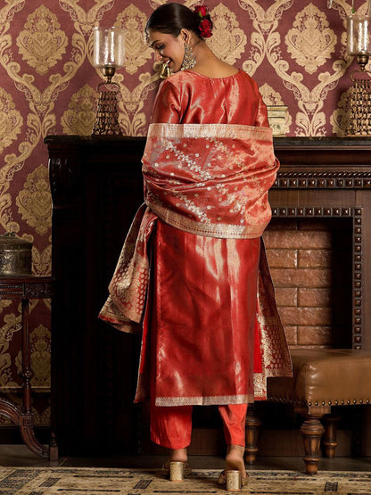 Dhiyona IE Ethnic Motifs Woven Design Zari Straight Kurta With Trousers & Dupatta