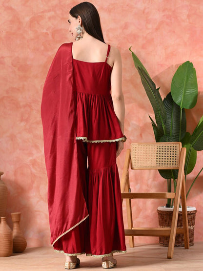 Dhiyona SN Women's Round Neck A-Line Kurti With Sharara & Dupatta