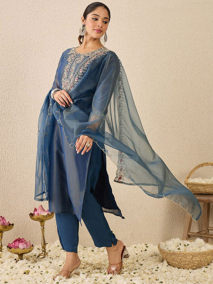 Dhiyona IE Women's Ethnic Motifs Embroidered Thread Work Liva Straight Kurta With Trousers & Dupatta