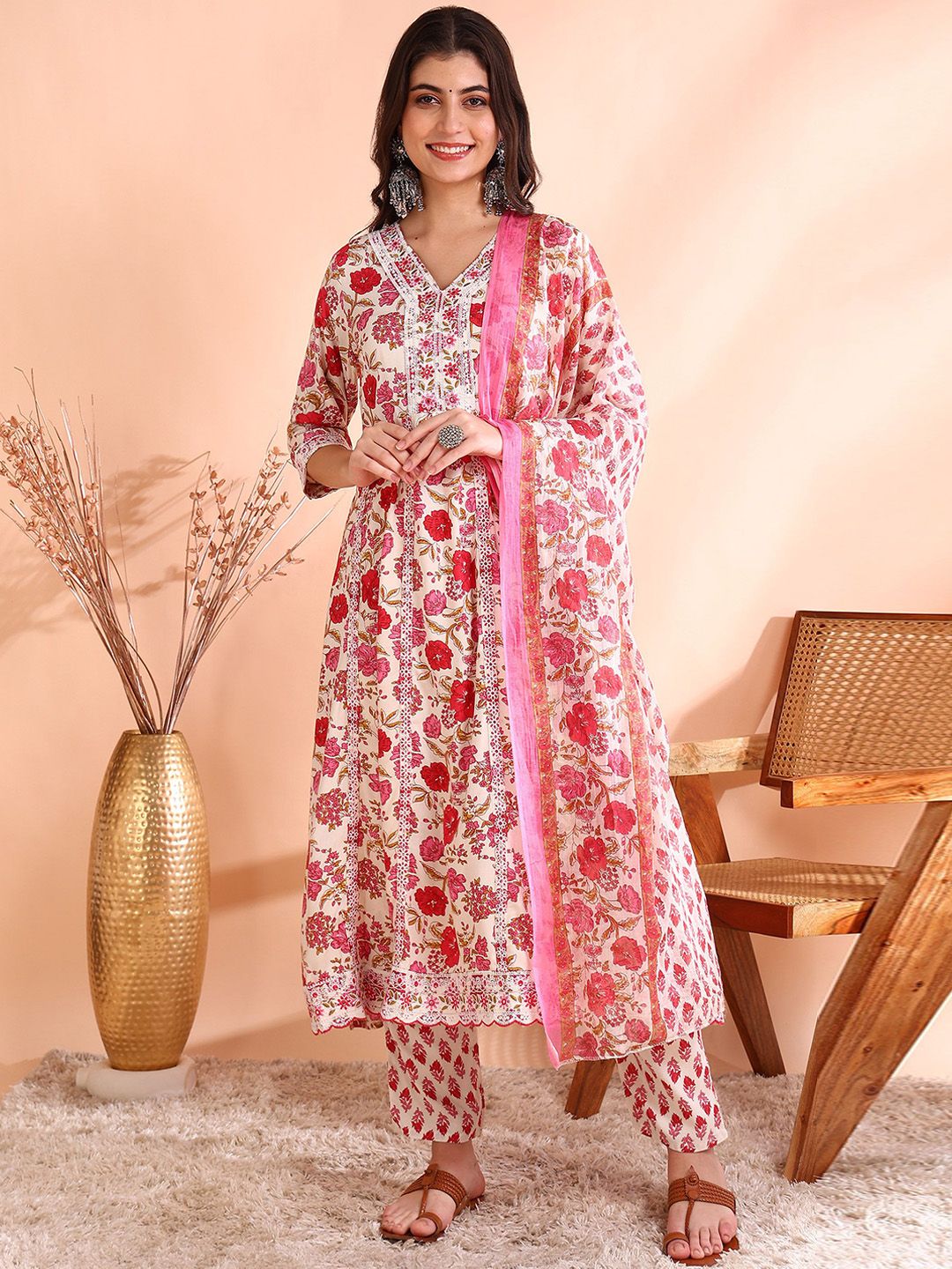 Dhiyona OD  Thread Work Pure Cotton Anarkali Kurta with Trousers & Dupatta