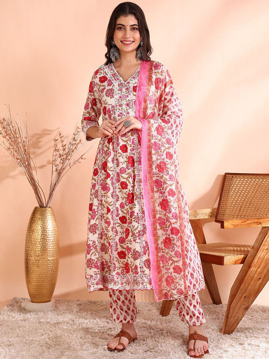 Dhiyona OD  Thread Work Pure Cotton Anarkali Kurta with Trousers & Dupatta