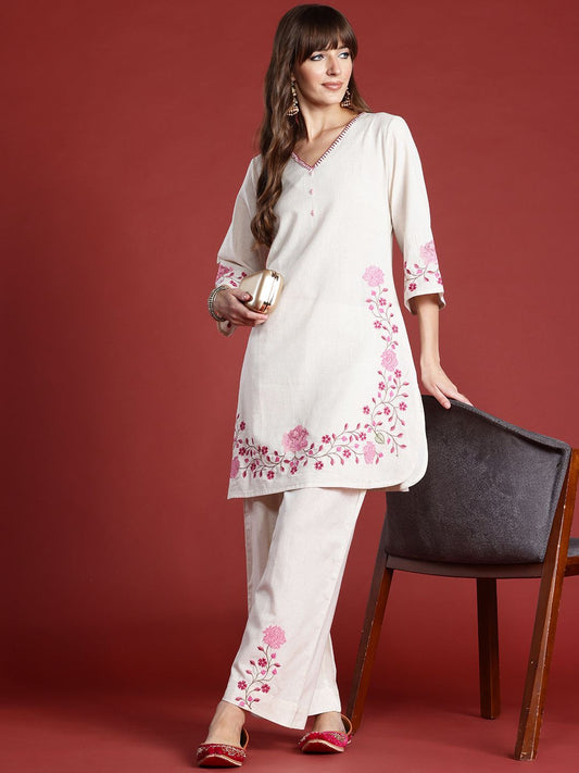 Dhiyona IE Floral Embroidered Thread Work Pure Cotton Kurta with Palazzos