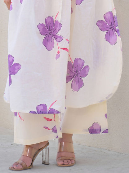 Floral Printed Round Neck Pleated Pure Cotton A-Line Kurta With Palazzos
