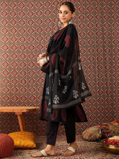 Dhiyona IE Women's Floral Printed Tie-Up Neck Pure Cotton Straight Kurta & Trousers With Dupatta