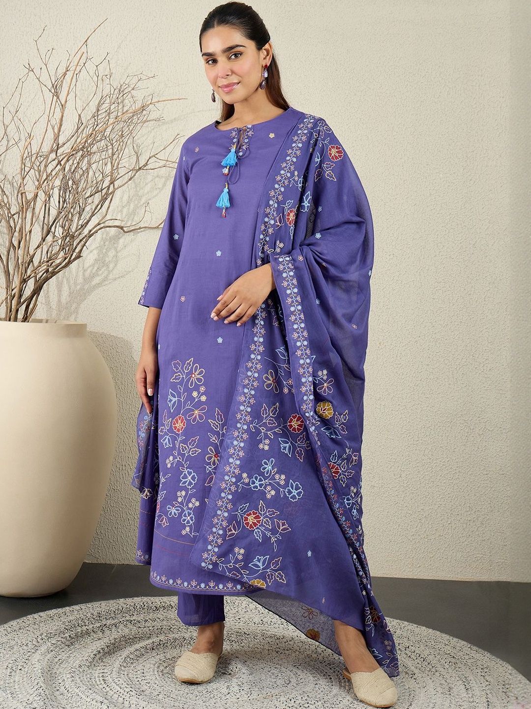 Dhiyona IE Women Floral Embroidered Cotton A-Line Kurta with Trousers & Dupatta