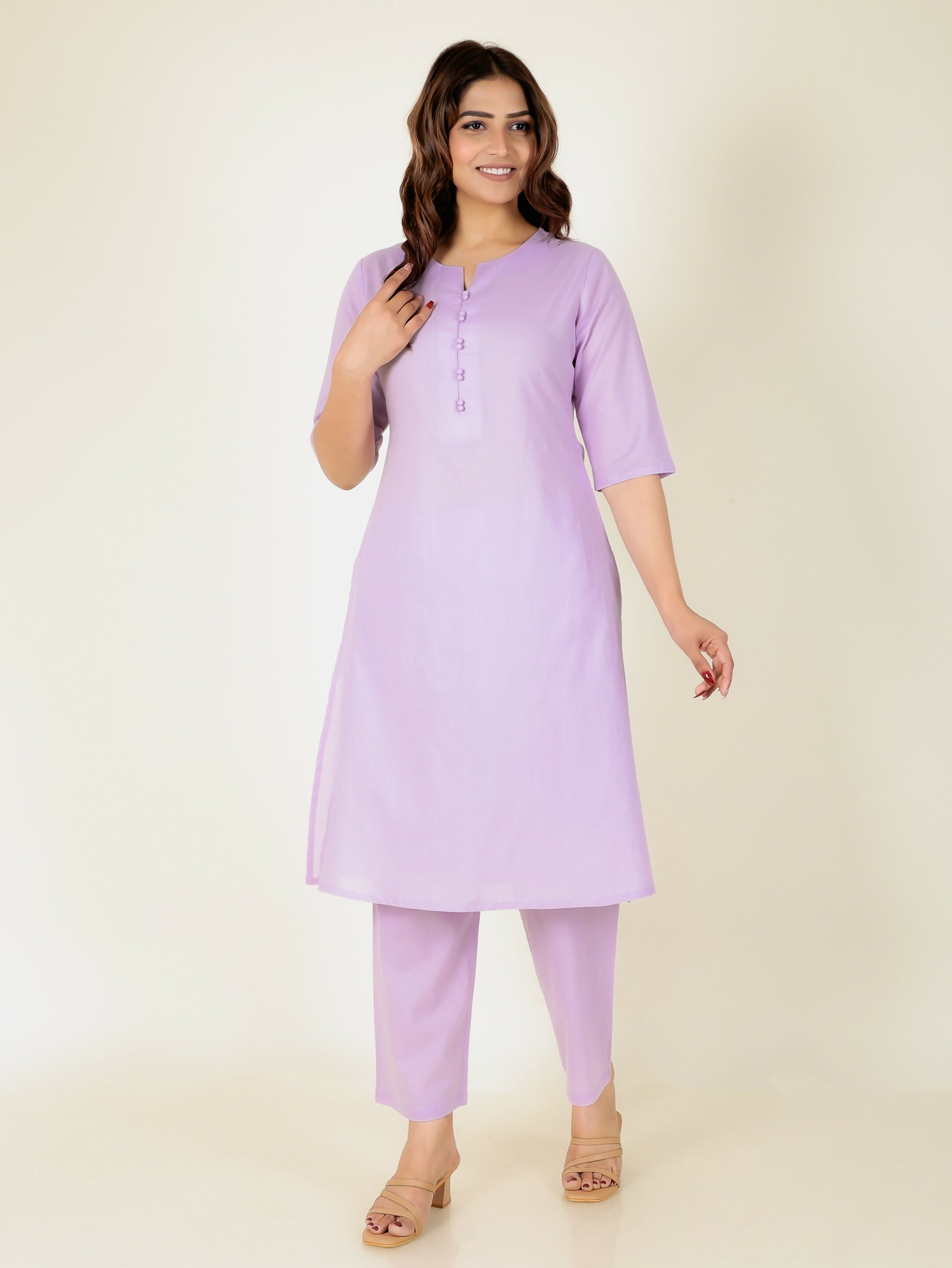 Women's Pink Soft Cotton Solid Print A-line Kurta Pant Set for Women