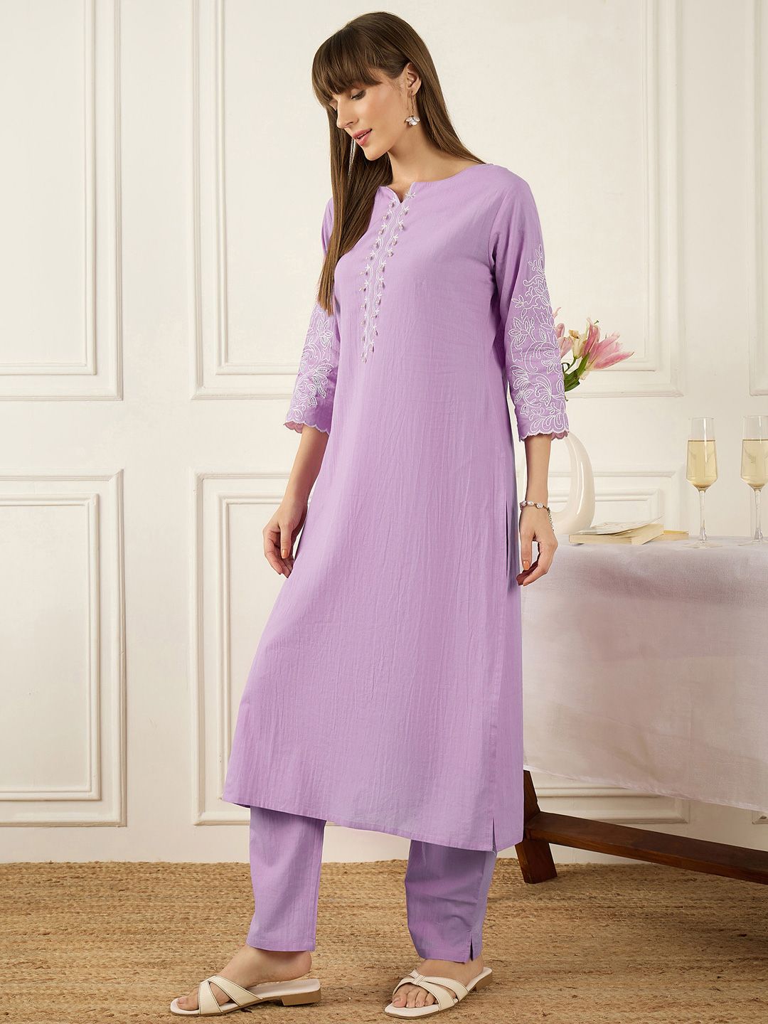 Floral Printed Thread Work Pure Cotton Kurta With Palazzos