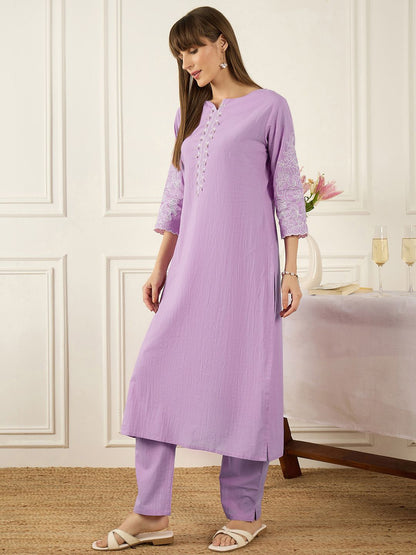 Floral Printed Thread Work Pure Cotton Kurta With Palazzos