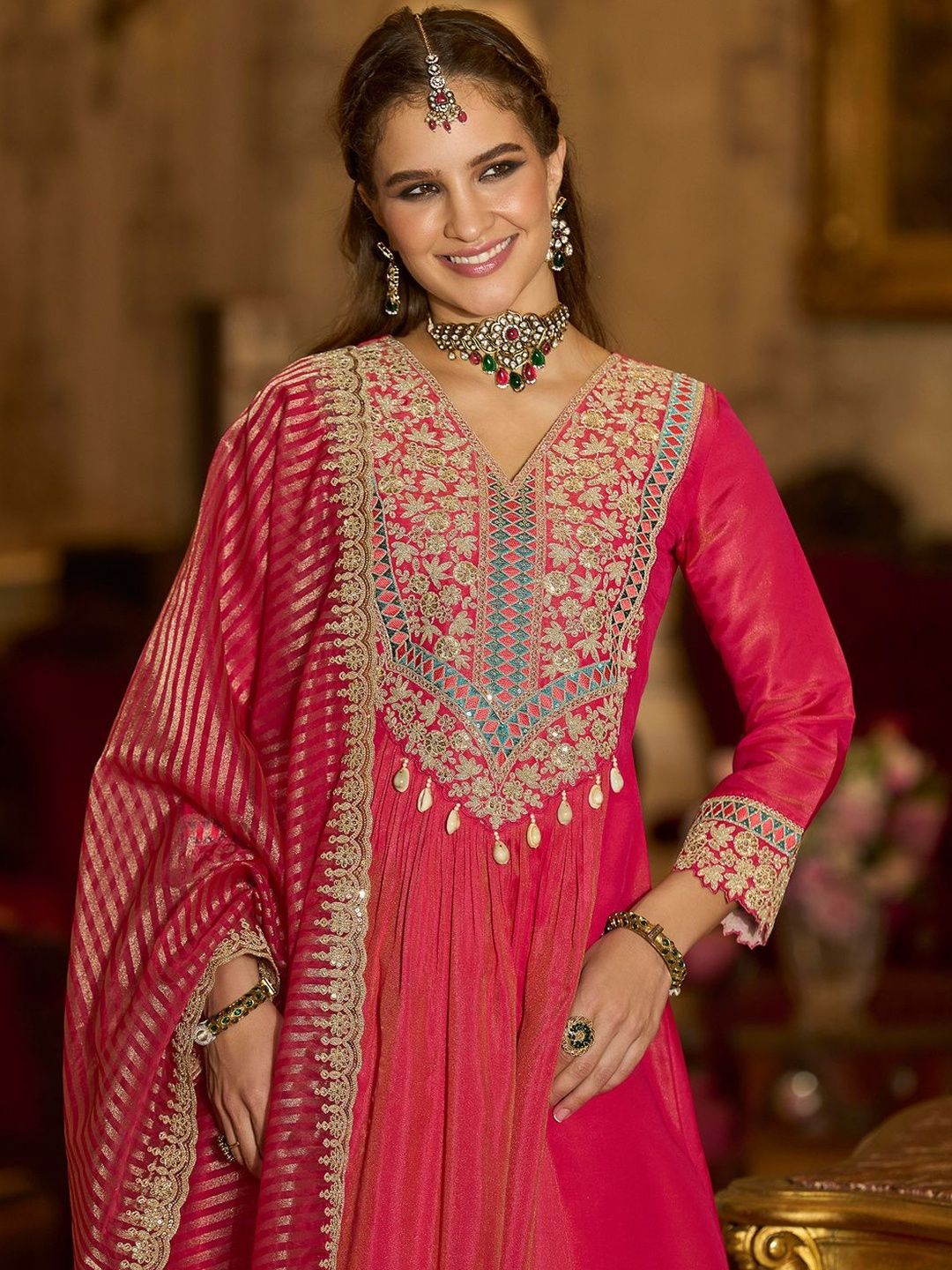 Floral Embroidered V-Neck A-Line Kurta With Trousers & Dupatta