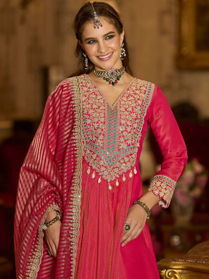 Floral Embroidered V-Neck A-Line Kurta With Trousers & Dupatta