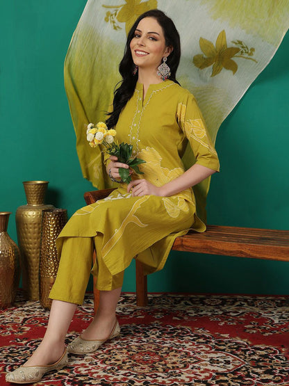 Dhiyona SN Women's Printed Pure Cotton Straight Kurta & Trouser With Dupatta