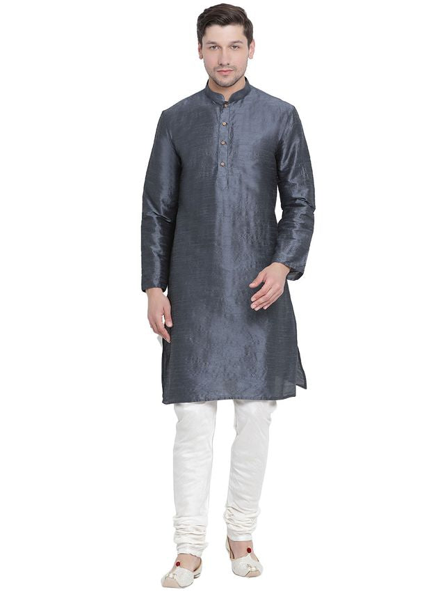 Men's Grey Silk Blend Straight Kurta Pyjama Set