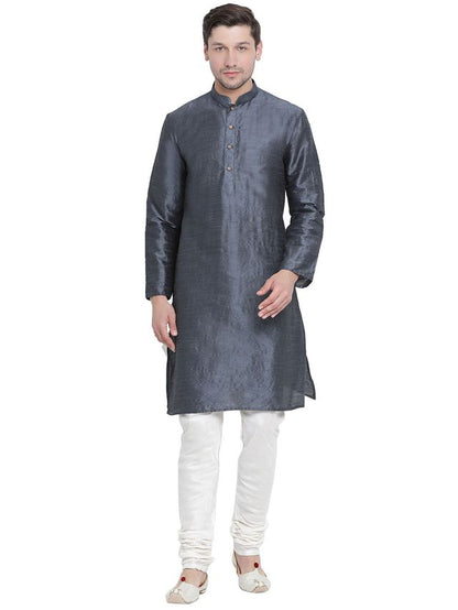 Men's Grey Silk Blend Straight Kurta Pyjama Set