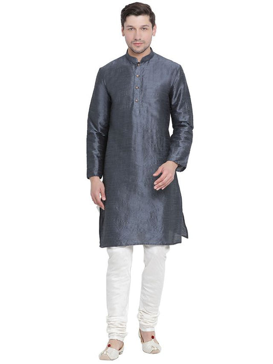 Men's Grey Silk Blend Straight Kurta Pyjama Set