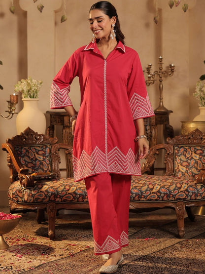 Women Geometric Embroidered Cotton Kurta with Palazzos