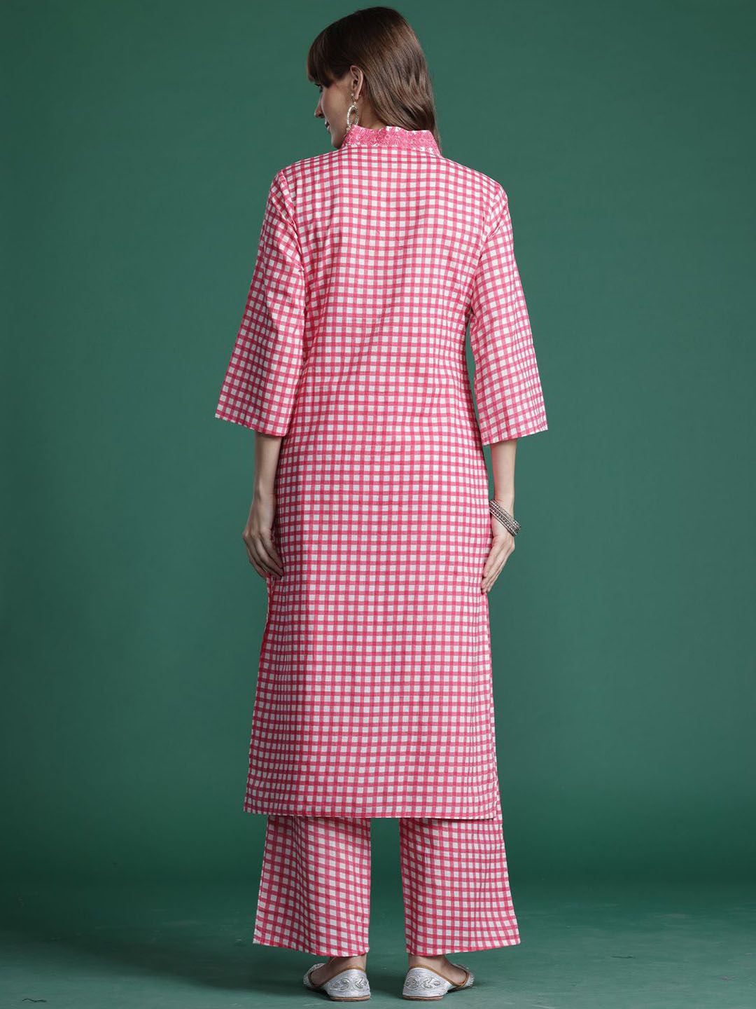 Dhiyona IE Embroidered Checked Pure Cotton V-Neck Straight Top With Trousers Co-Ords