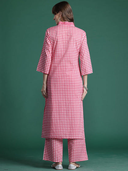 Dhiyona IE Embroidered Checked Pure Cotton V-Neck Straight Top With Trousers Co-Ords