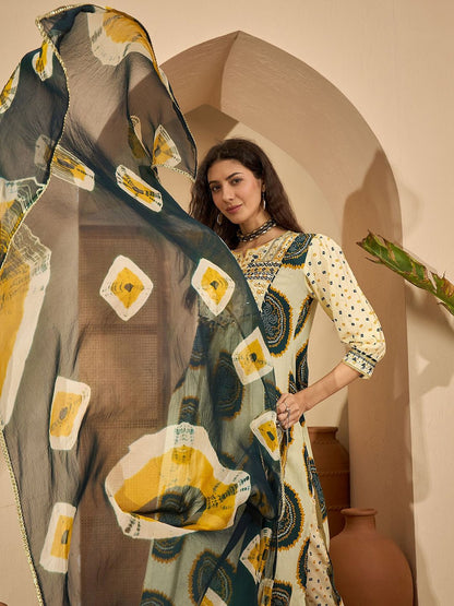 Dhiyona SN Women's Bandhani Printed Cotton A-Line Kurta with Trousers & Dupatta