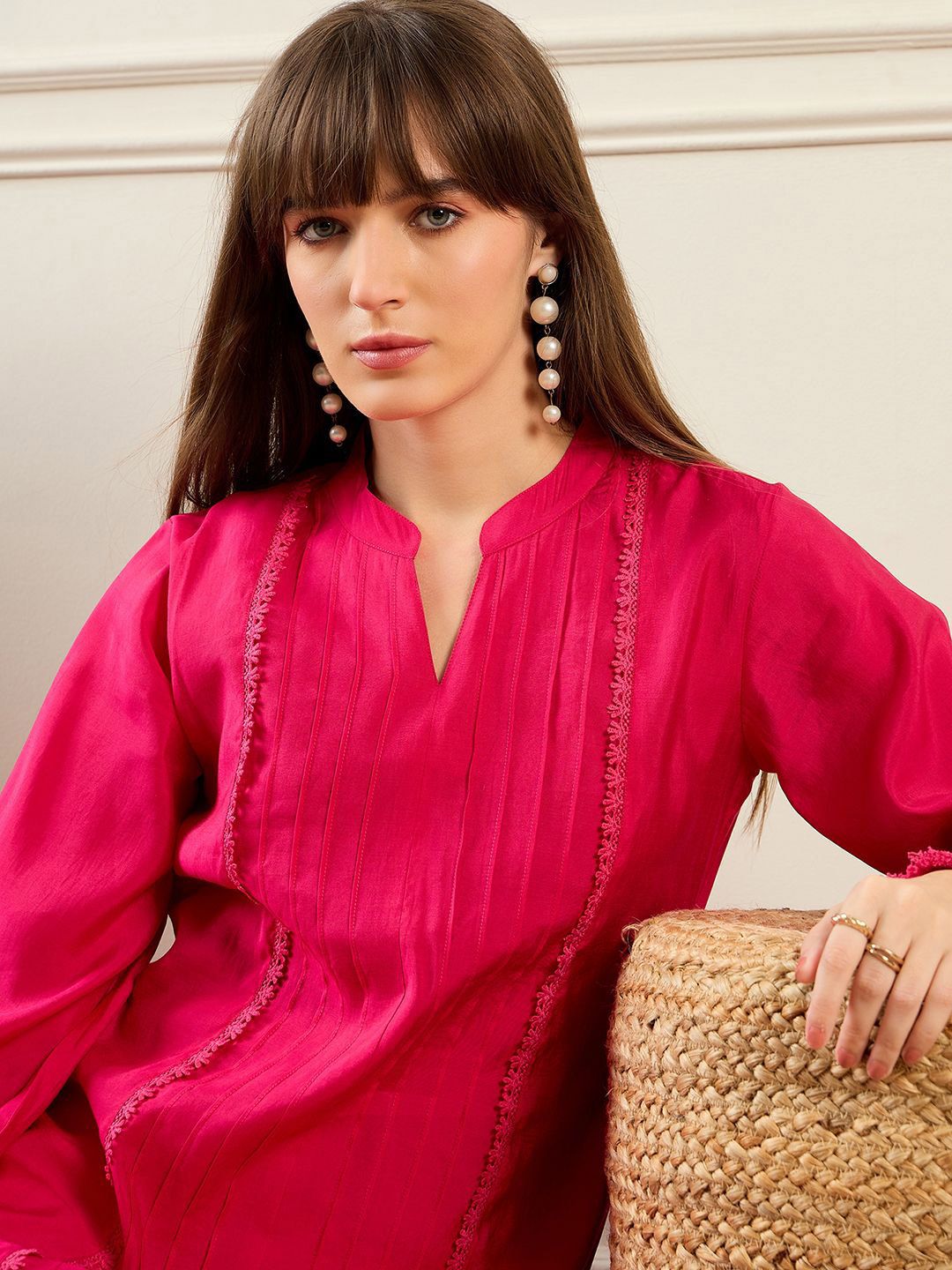 Dhiyona IE Self Design Mandarin Collar Bell Sleeves Straight Kurta With Trousers