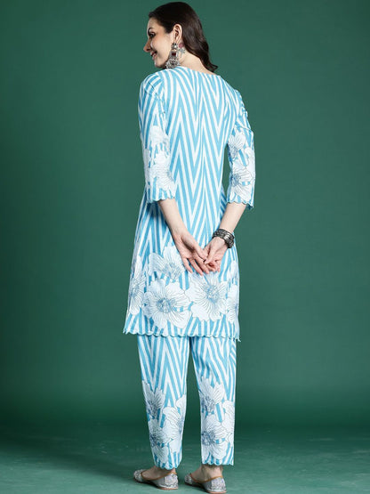 Dhiyona IE Printed Pure Cotton V Neck Top With Trousers Co-Ords