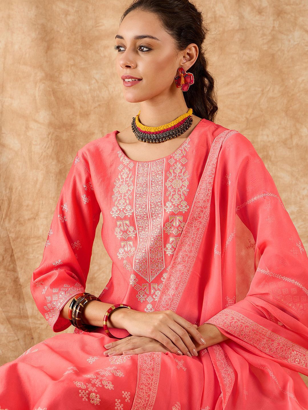 Ethnic Motifs Printed Straight Liva Kurta with Palazzos & Dupatta