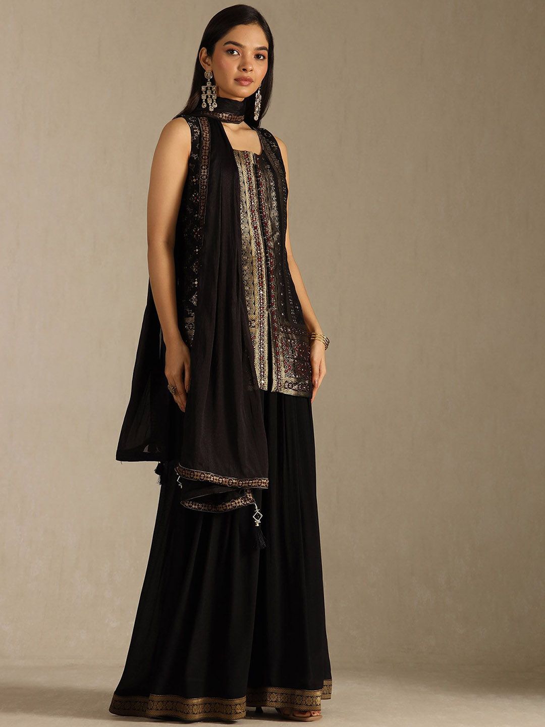Dhiyona SO Women's Floral Woven Design Mirror Work Kurta With Palazzos & Dupatta