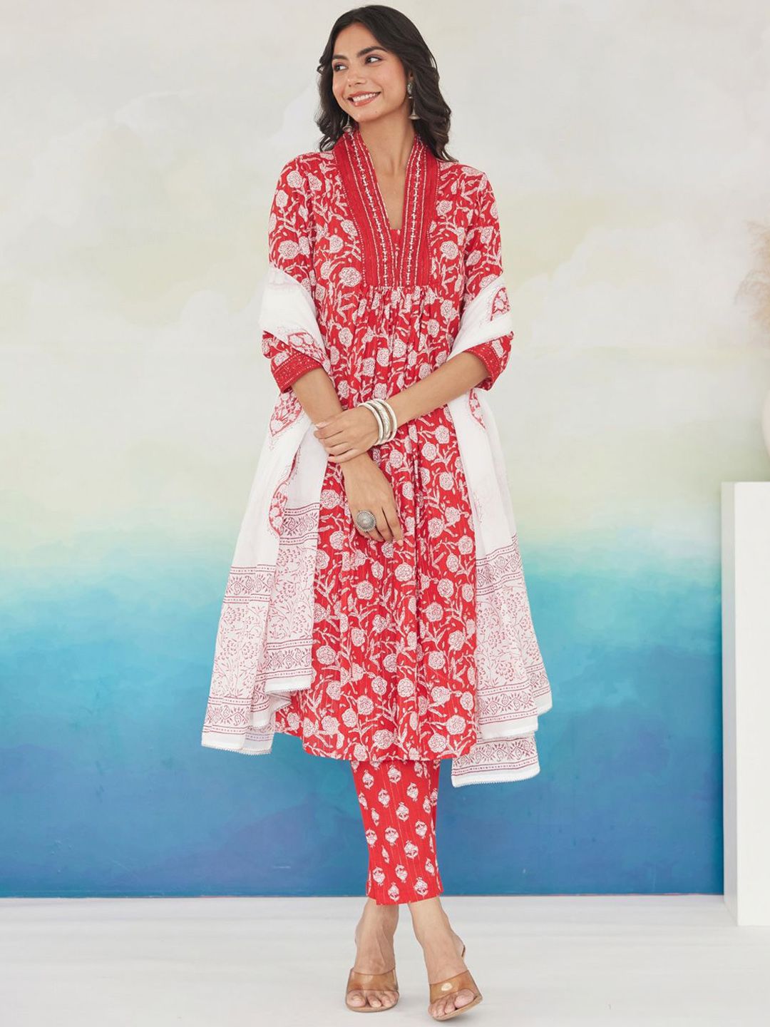 Dhiyona IE Floral Printed Pleated Beads and Stones Pure Cotton Kurta With Trousers & Dupatta