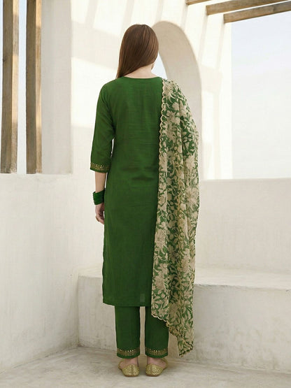 Dhiyona CH Women Floral Embroidered Regular Thread Work Kurta with Trousers & With Dupatta