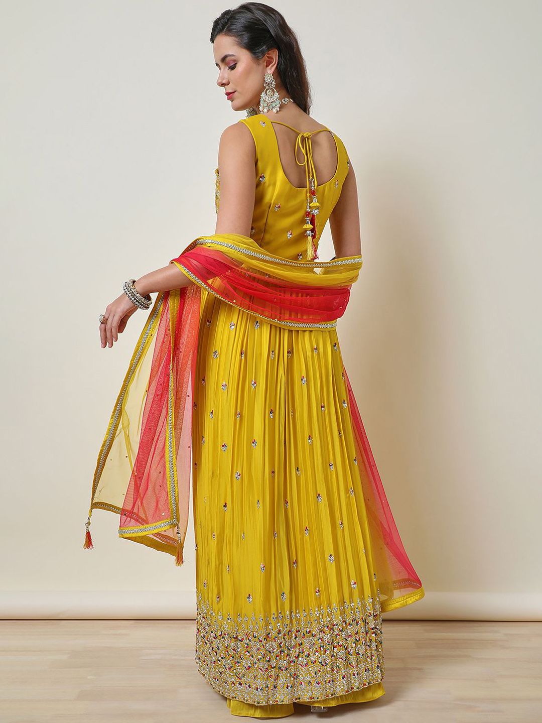 Dhiyona SO Women's Women Alina Cut Ethnic Motifs Embroidered Pleated Sequinned Kurta with Palazzos & With Dupatta