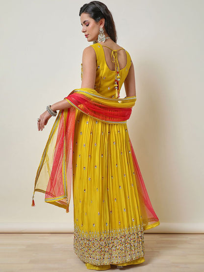 Dhiyona SO Women's Women Alina Cut Ethnic Motifs Embroidered Pleated Sequinned Kurta with Palazzos & With Dupatta