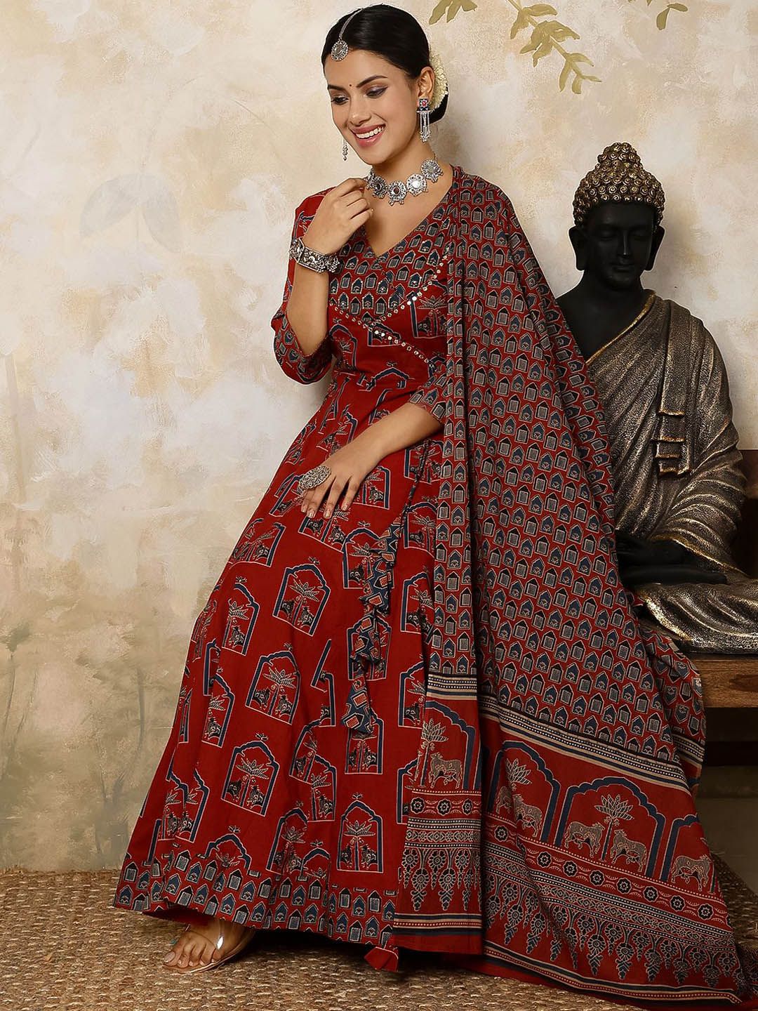 Dhiyona SN Women's Printed Pure Cotton Flared V-Neck Anarkali Kurta & Palazzo With Dupatta