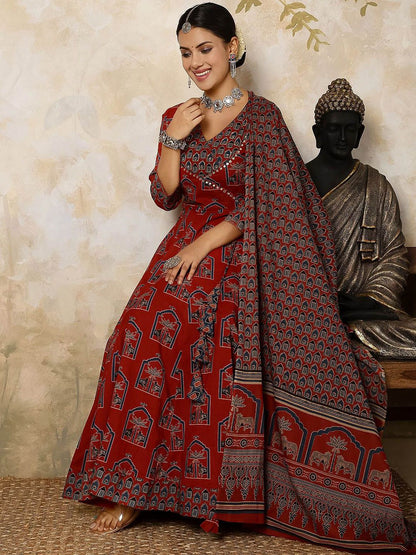 Dhiyona SN Women's Printed Pure Cotton Flared V-Neck Anarkali Kurta & Palazzo With Dupatta