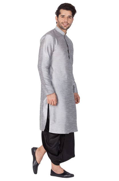 Men's Grey Silk Blend Straight Kurta and Dhoti Set