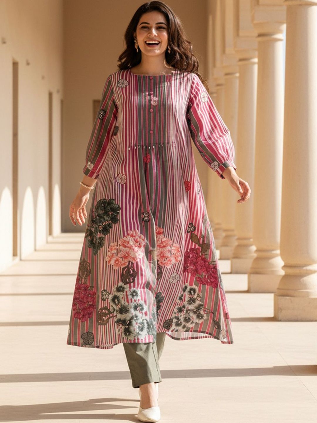 Dhiyona IE Floral Printed Round Neck Pure Cotton Kurta With Trouser