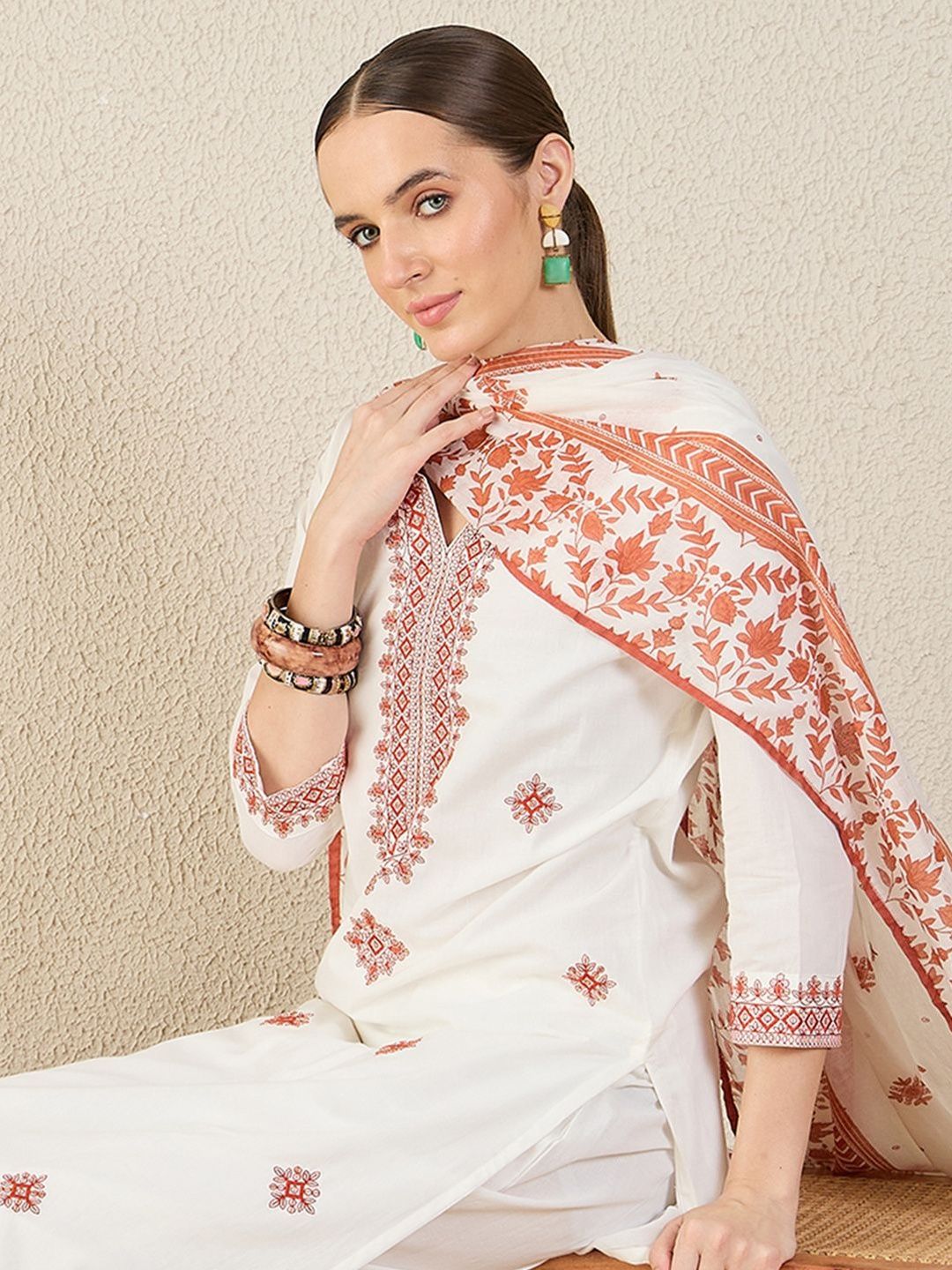 Women Floral Embroidered Cotton Kurta with Trousers & Dupatta