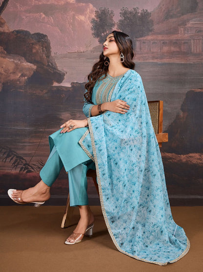 Dhiyona PD Women Ethnic Motifs Yoke Design Sequinned Straight Kurta & Trouser With Dupatta