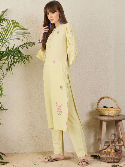 Women Floral Embroidered Regular Beads and Stones Pure Cotton Kurta with Trousers