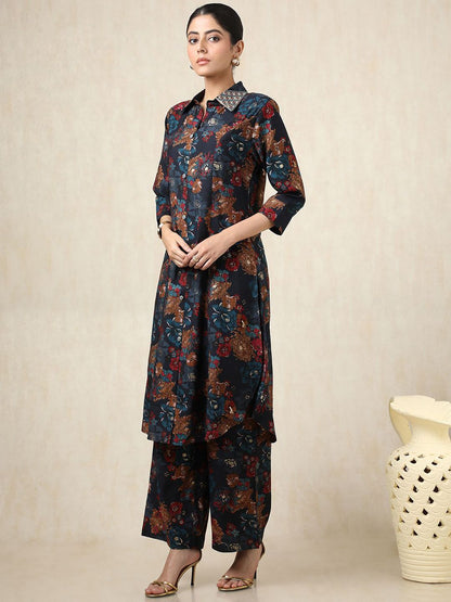 Dhiyona SO Women's Floral Printed Shirt Collar Pure Cotton Straight Kurta With Palazzos