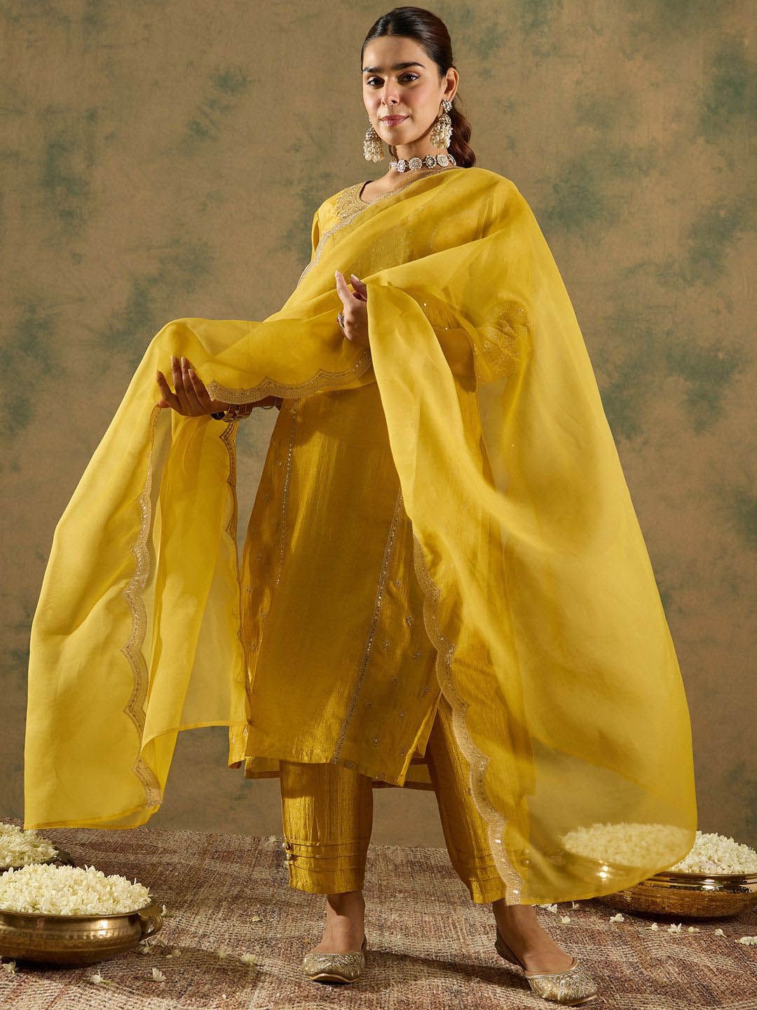 Dhiyona IE Ethnic Motifs Embroidered Regular Straight Kurta with Trousers & Dupatta