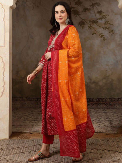 Dhiyona SN Women's Bandhani Printed V Neck Pure Cotton A Line Kurta & Trousers With Dupatta