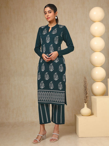 Dhiyona SO Women's Teal Green Paisley Woven Design Mandarin Collar Acrylic Straight Kurta With Trouser