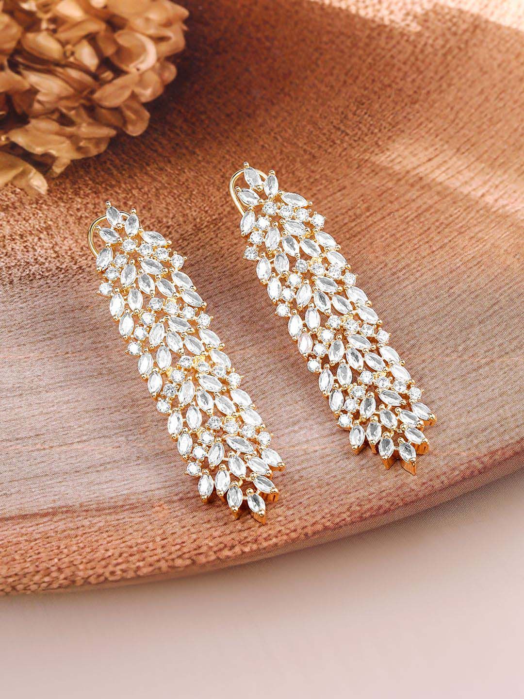 Dhiyona RJ Women's 22K Gold-Plated White Cubic Zirconia Studded Leaf Design Drop Earrings