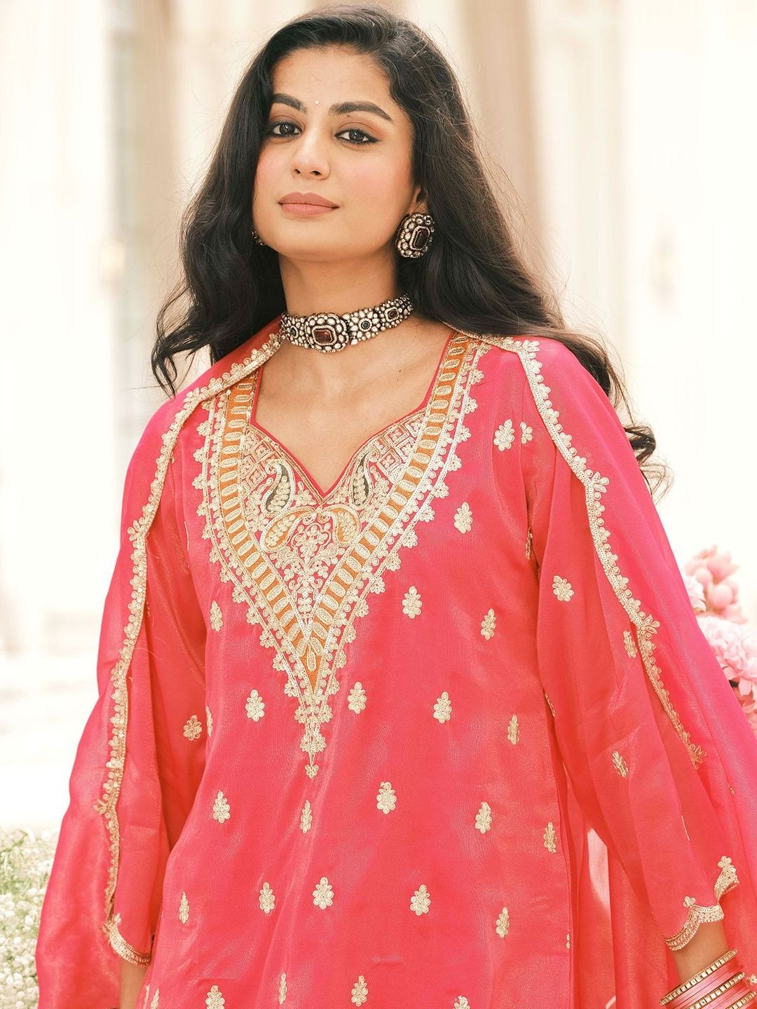 Ethnic Motifs Embroidered V-Neck Thread Work Kurta With Palazzos & Dupatta